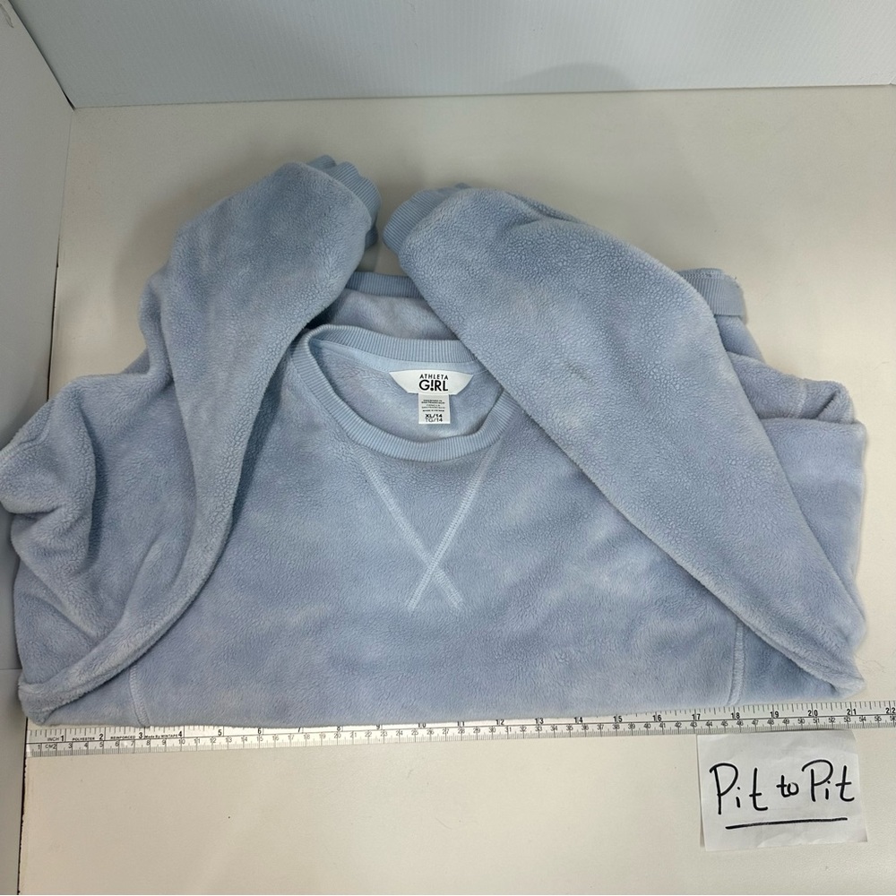 ATHLETA GIRL Powder Blue Sweatshirt Sz XL Soft Fleece Velour Sweater Fun… - Picture 9 of 14